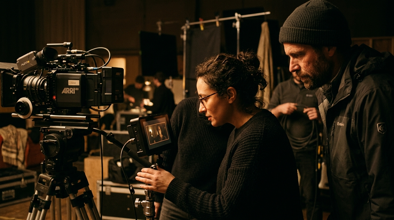 A documentary director and camera operator watching a monitor in low light on set.