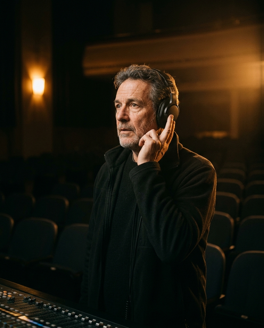 A close portrait of a sound designer listening intently in a darkened theater, half-lit.