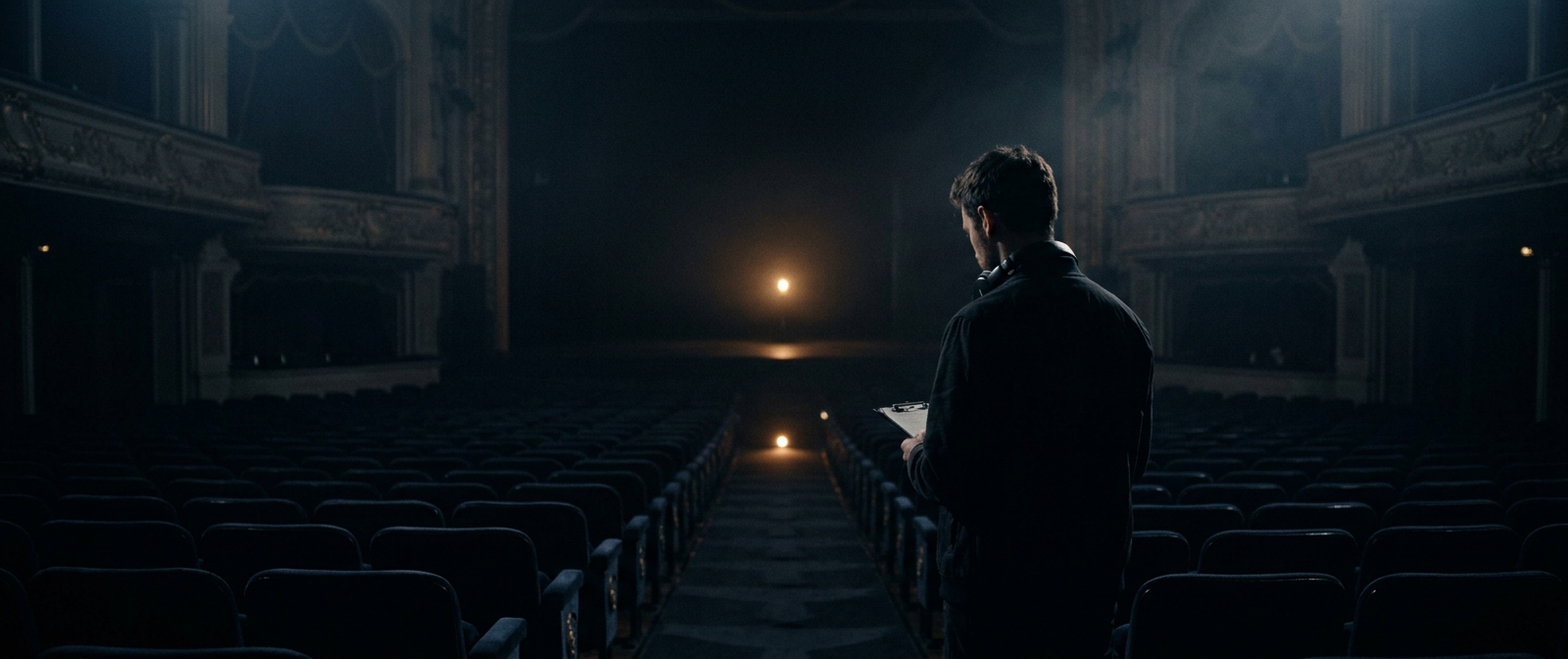 A sound designer stands alone in the center aisle of a darkened, empty theater before a show.