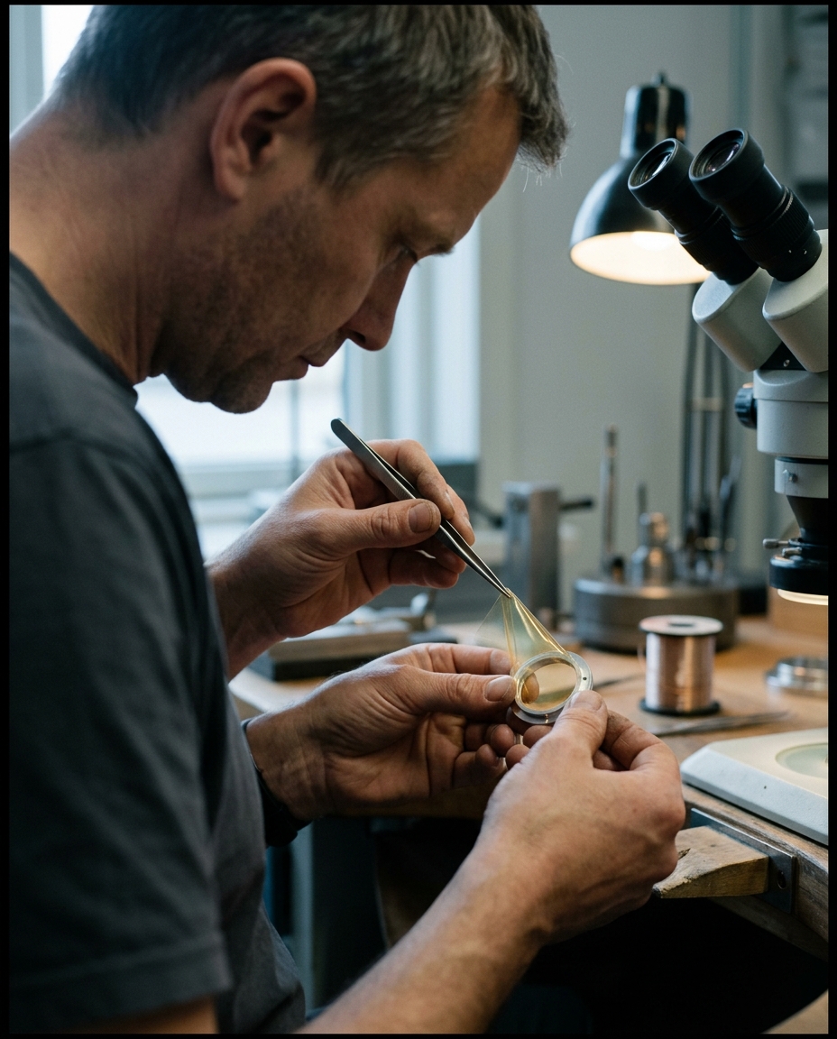 A technician's hands assembling a microphone diaphragm under a microscope in a Danish workshop.