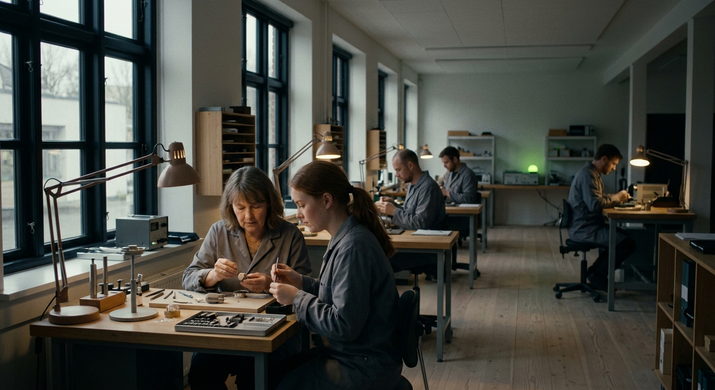 A quiet, minimal Danish microphone assembly room with technicians working at lit benches in daylight.