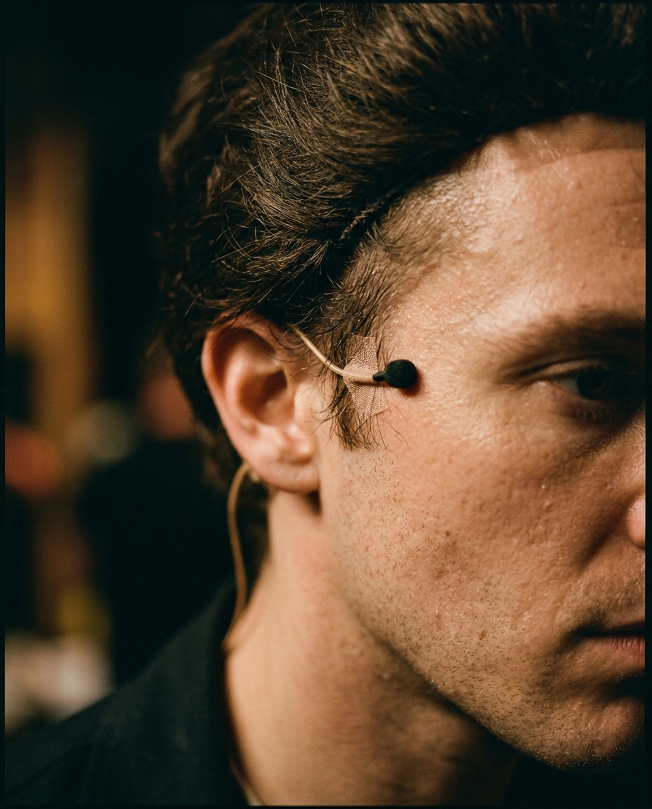 A 3mm lavalier microphone taped at a performer's hairline, nearly invisible.